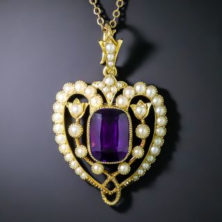 Edwardian Amethyst and Seed Pearl Heart Necklace - 2