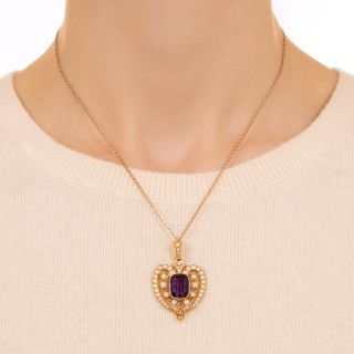 Edwardian Amethyst and Seed Pearl Heart Necklace