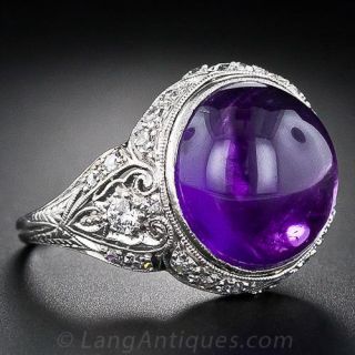 Edwardian Amethyst Cabochon and Diamond Ring