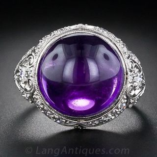 Edwardian Amethyst Cabochon and Diamond Ring
