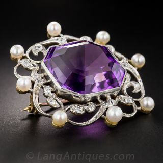 Edwardian Amethyst, Diamond and Pearl Pin