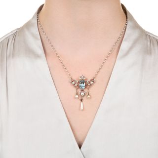 Edwardian Aquamarine and Diamond Lavaliere Necklace