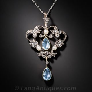 Edwardian Aquamarine and Diamond Lavaliere Necklace