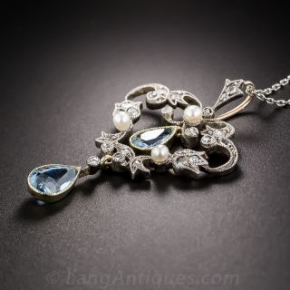 Edwardian Aquamarine and Diamond Lavaliere Necklace