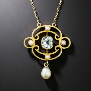 Edwardian Aquamarine and Natural Pearl Pendant - 2