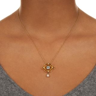 Edwardian Aquamarine and Natural Pearl Pendant
