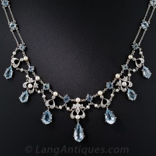 Edwardian Aquamarine and Pearl Necklace - 1