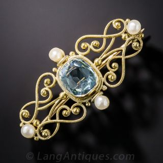 Edwardian Aquamarine and Pearl Pin by C.V. Dougherty of New York 