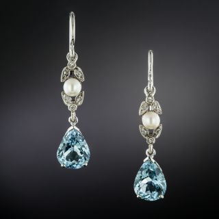 Edwardian Aquamarine, Diamond and Natural Pearl Dangle Earrings  - 3