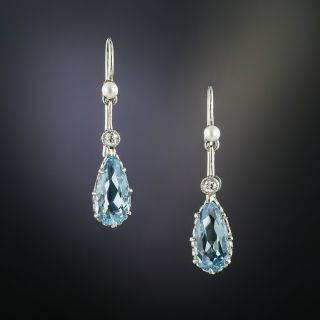 Edwardian Aquamarine Diamond and Pearl Drop Earrings - 2
