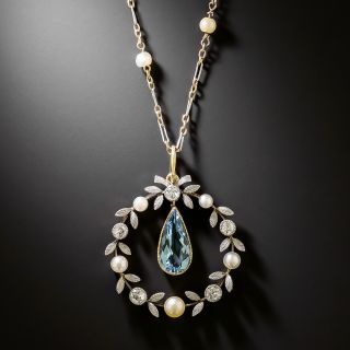 Edwardian Aquamarine, Natural Pearl and Diamond Wreath Necklace - 2