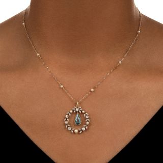 Edwardian Aquamarine, Natural Pearl and Diamond Wreath Necklace