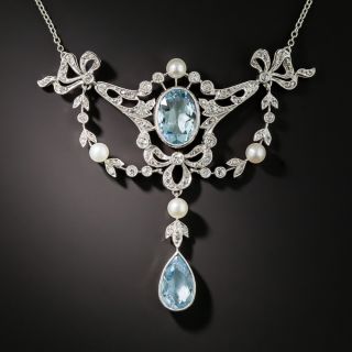 Edwardian Aquamarine Pearl and Diamond Necklace - 4