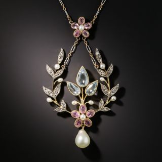 Edwardian Aquamarine, Tourmaline, Pearl and Diamond Necklace - 2