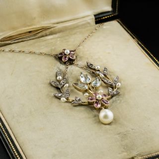 Edwardian Aquamarine, Tourmaline, Pearl and Diamond Necklace