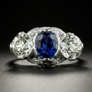 Edwardian/Art Deco No-Heat Sapphire and Diamond Ring by Maurice Tishman - 2