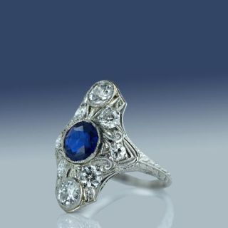 Edwardian / Art Deco Platinum Sapphire and Diamond Dinner Ring