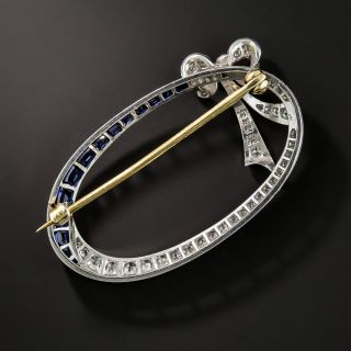 Edwardian/Art Deco Platinum Sapphire and Diamond Oval Bow Brooch 