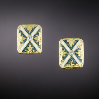 Edwardian Blue and White Enamel Diamond Earrings  - 2