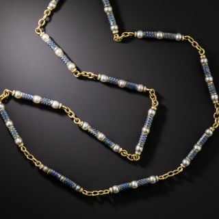 Edwardian Blue Enamel and Natural Pearl Necklace - 2