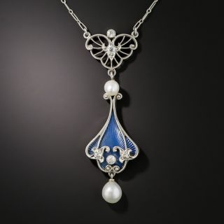 Edwardian Blue Enamel Pearl Necklace by Henry Blank - 2