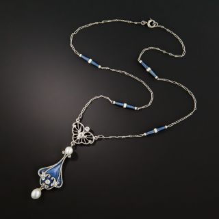 Edwardian Blue Enamel Pearl Necklace by Henry Blank