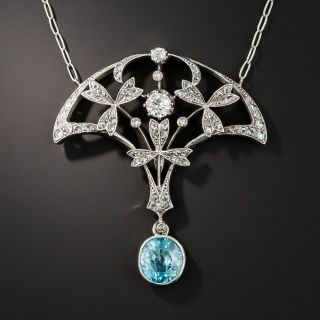 Edwardian Blue Zircon and Diamond Pendant Necklace - 1