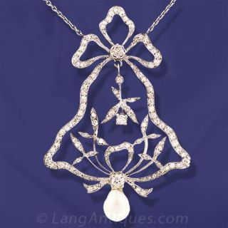 Edwardian Bow Motif Diamond and Pearl Necklace