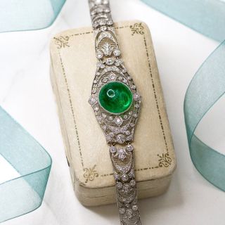 Edwardian Cabochon Emerald and Diamond Bracelet
