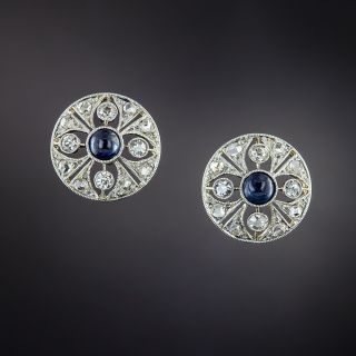 Edwardian Cabochon Sapphire and Diamond Stud Earrings - 2