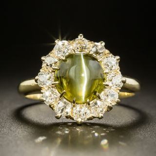 Edwardian Cat's-Eye Chrysoberyl and Diamond Halo Ring - 2