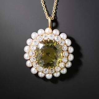 Edwardian Chrysoberyl, Diamond and Natural Pearl Halo Pendant - 2