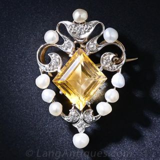 Edwardian Citrine, Pearl and Diamond Pendant and Pin