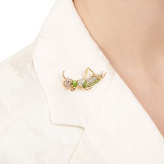Edwardian Demantoid Garnet and Diamond Grasshopper Brooch
