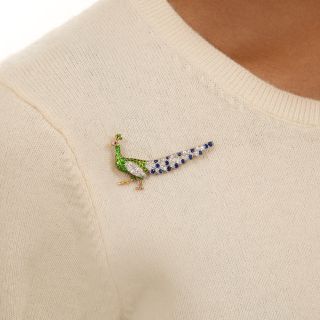 Edwardian Demantoid Garnet and Sapphire Peacock Brooch by William Scheer