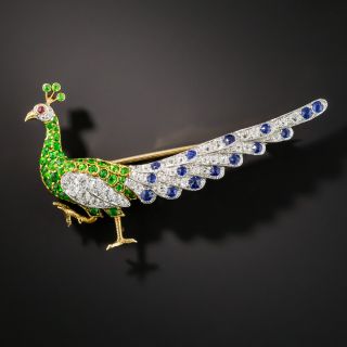 Edwardian Demantoid Garnet and Sapphire Peacock Brooch by William Scheer - 4