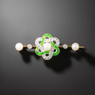 Edwardian Demantoid Garnet, Natural Pearl and Diamond Brooch - 2