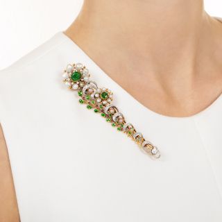 Edwardian Demantoid Garnet, Natural Pearl, Ruby and Opal Brooch