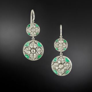Edwardian Diamond and Emerald Floral Drop Earrings - 2