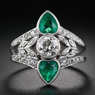 Edwardian Diamond and Heart-Shaped Emerald Ring