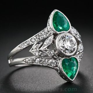 Edwardian Diamond and Heart-Shaped Emerald Ring