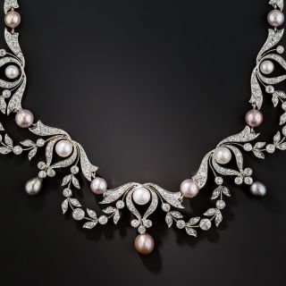 Edwardian Diamond and Multi-Colored Natural Pearl Necklace - 1