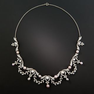 Edwardian Diamond and Multi-Colored Natural Pearl Necklace