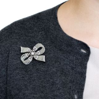 Edwardian Diamond and Natural Pearl Bow Brooch