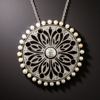 Edwardian Diamond and Natural Pearl Circular Pendant - 2