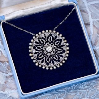 Edwardian Diamond and Natural Pearl Circular Pendant