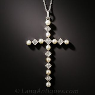 Edwardian Diamond and Natural Pearl Cross - 2