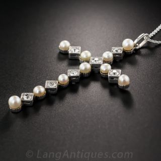 Edwardian Diamond and Natural Pearl Cross