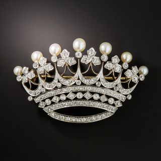 Edwardian Diamond and Natural Pearl Crown Brooch - 2