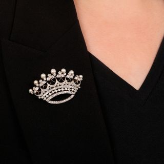 Edwardian Diamond and Natural Pearl Crown Brooch